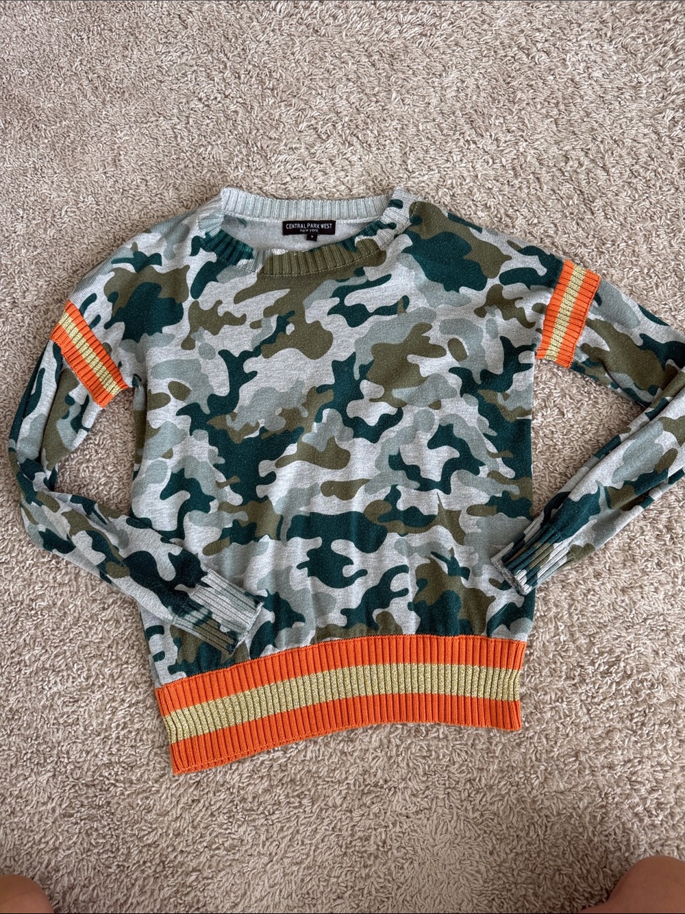 Central Park West Green and Gray Camo Sweater with Orange Trim